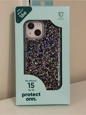 Onn. Phone Case for iPhone 15/14/13 - Clear/Black/ Crystal Geometric Shapes New